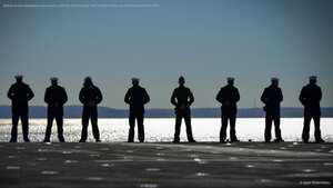 Sailors on the amphibious assault ship USS Iwo Jima on New York's Hudson River during Veterans Week, 2016