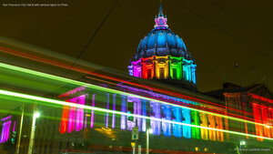 San Francisco City Hall lit with rainbow lights for Pride