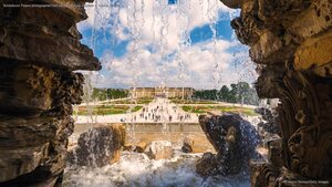Schönbrunn Palace photographed from behind Neptune Fountain in Vienna, Austria