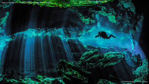 Scuba diver exploring the underwater cenotes near Puerto Aventuras, Mexico