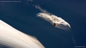 Snowboarder makes powder turn in backcountry terrain