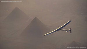 Solar Impulse 2 flying over the pyramids in Giza, Egypt