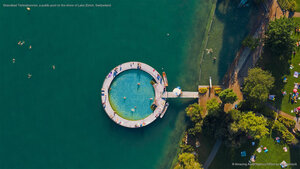 Strandbad Tiefenbrunnen, a public pool on the shore of Lake Zürich, Switzerland