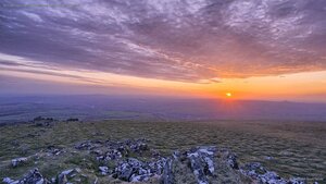 Sun setting in Dartmoor National Park, Devon, England
