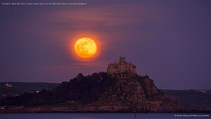 The 2017 April full moon, or pink moon, rises over St. Michael's Mount, Cornwall, England