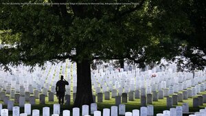 The 3rd US Infantry Regiment honors America's fallen soldiers during the 'Flags In' ceremony for Memorial Day, Arlington National Cemetery, Virginia