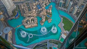 The Dubai Fountain in Burj Lake, taken from the Burj Khalifa in Dubai, United Arab Emirates