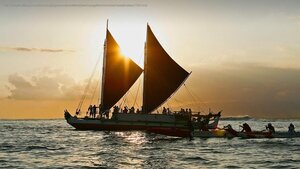 The Hōkūle'a, a traditional Hawaiian voyaging canoe, departs for a 3-year voyage from Honolulu, Hawaii, on May 17, 2014