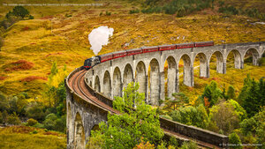 The Jacobite steam train crossing the Glenfinnan Viaduct in Inverness-shire, Scotland