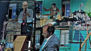 The North Beach Jazz Mural created by Bay Area artist Bill Weber in San Francisco