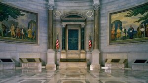 The US Constitution and the Declaration of Independence on display in the National Archives, Washington, DC