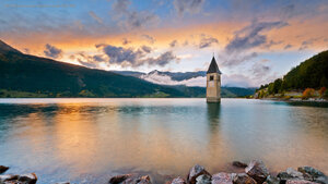 The bell tower in Lake Reschen, South Tyrol, Italy
