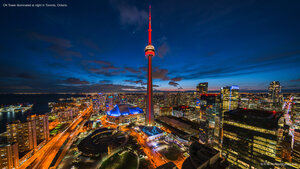 CN Tower illuminated at night in Toronto, Ontario