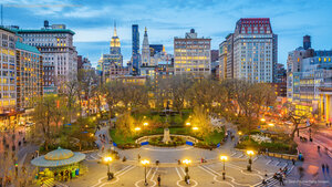 Union Square in lower Manhattan at twilight, New York