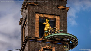 'Vejrpigerne' ('The Weather Girls') sculpture on top of the Richshuset building in City Hall Square, Copenhagen, Denmark