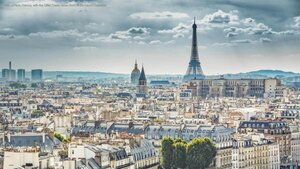 View of Paris, France, with the Eiffel Tower, taken from Notre-Dame Cathedral